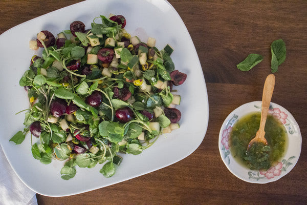 CHERRY & PISTACHIO SALAD WITH CITRUS MINT DRESSING