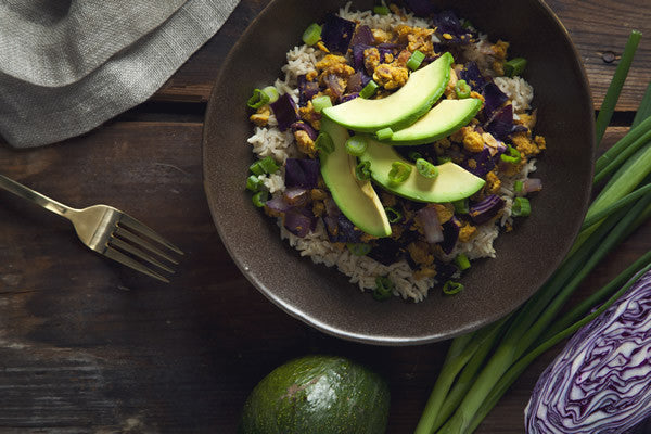 CHICKPEA SCRAMBLE AND RED CABBAGE BROWN RICE BOWLS
